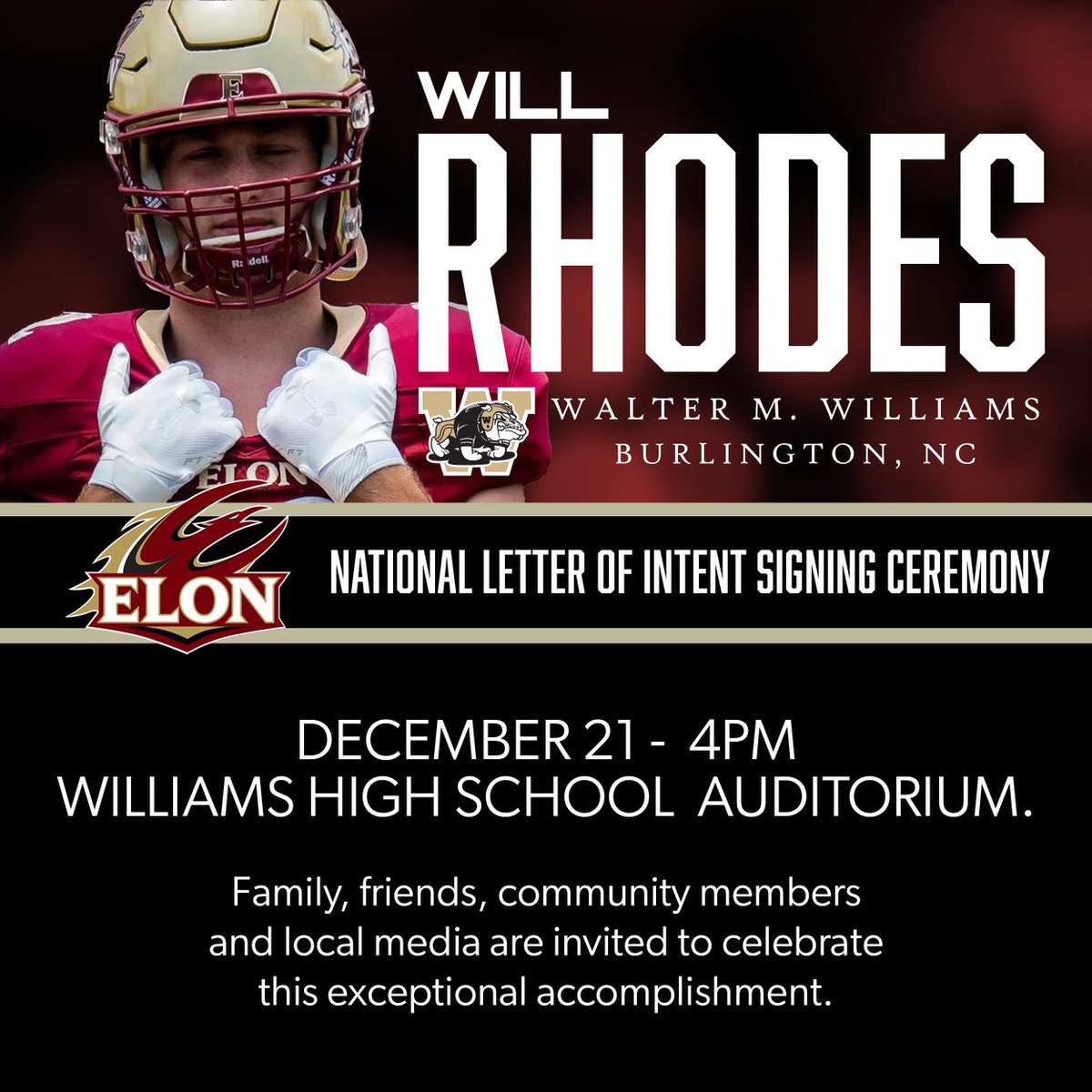 We welcome the community to come and support Will on Wednesday at 4pm! Hope you can make it! <a href="/WMWHS/">Walter M Williams</a> <a href="/DawgAthletics/">Williams Athletics</a> <a href="/dawgs_bite/">WWHS Student Section</a> <a href="/BoosterWilliams/">WilliamsAthleticBoosterClub</a> <a href="/WillRhodes_22/">Will Rhodes</a>