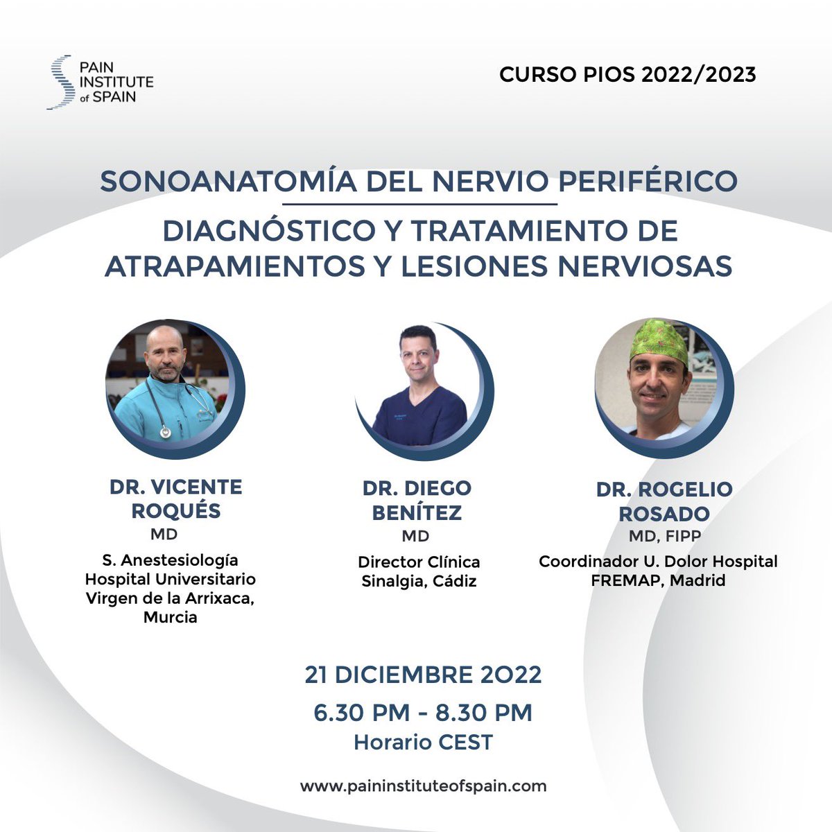 Listos para el próximo 21 diciembre: “Sonoanatomía del nervio periférico: lesiones y atrapamientos” con ponentes de lujo @Roques_V @dbpareja , Rogelio Rosado, y moderando Alejandro Ortega . Curso imprescindible 🙌🏻 #dolorcronico #ultrasound #neuropathicpain