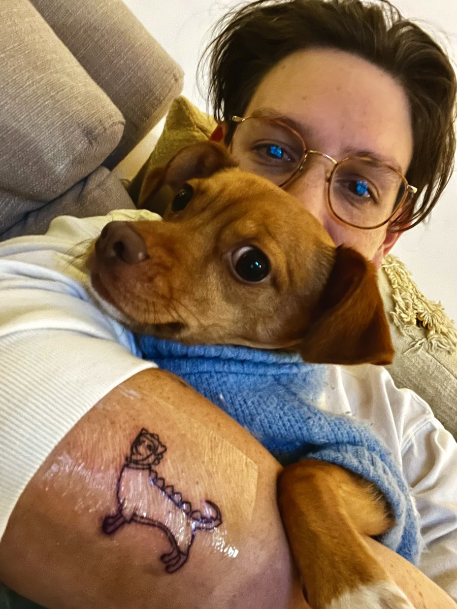 shinyvoodoo's tweet photo. Never thought I’d get a chihuahua wiener dog in a stegosaurus costume tattooed to me https://t.co/TaPbOuNmOn