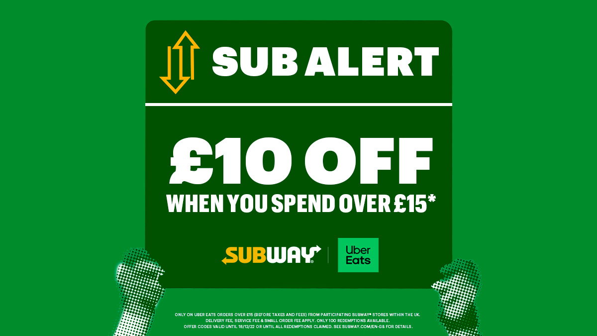 SubwayUK's tweet photo. SUB ALERT 🚨⚽️ First #SubForASub of the match. Redeem 10OFFSUB16J2O2 on the @UberEats_UK App now for £10 off your order. Valid up to 100 redemptions. See full T&Cs here: https://t.co/xnsYR7Yblt https://t.co/zZzGEFtJ4r
