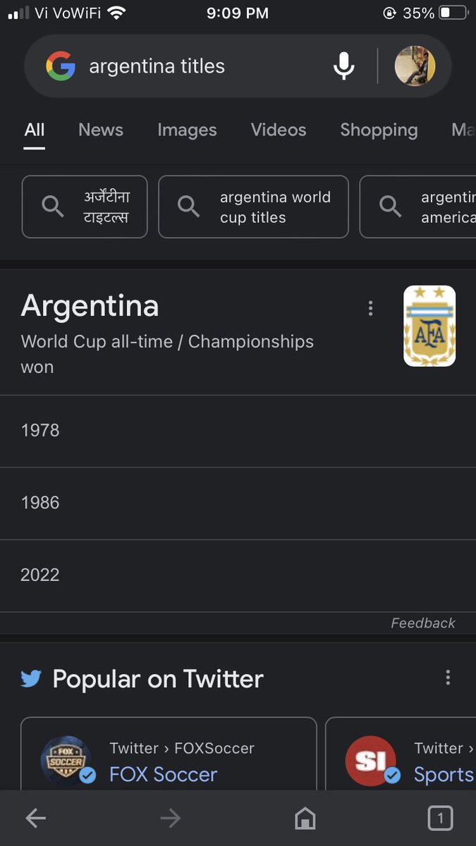 sumit_matta's tweet photo. We are in 41st minute and Google already responded Argentina as Worldcup champion. Is it really fixed?? @FIFAWorldCup @fundacionmessi @FIFAcom @NFFNetwork https://t.co/edaMsqI3Pl