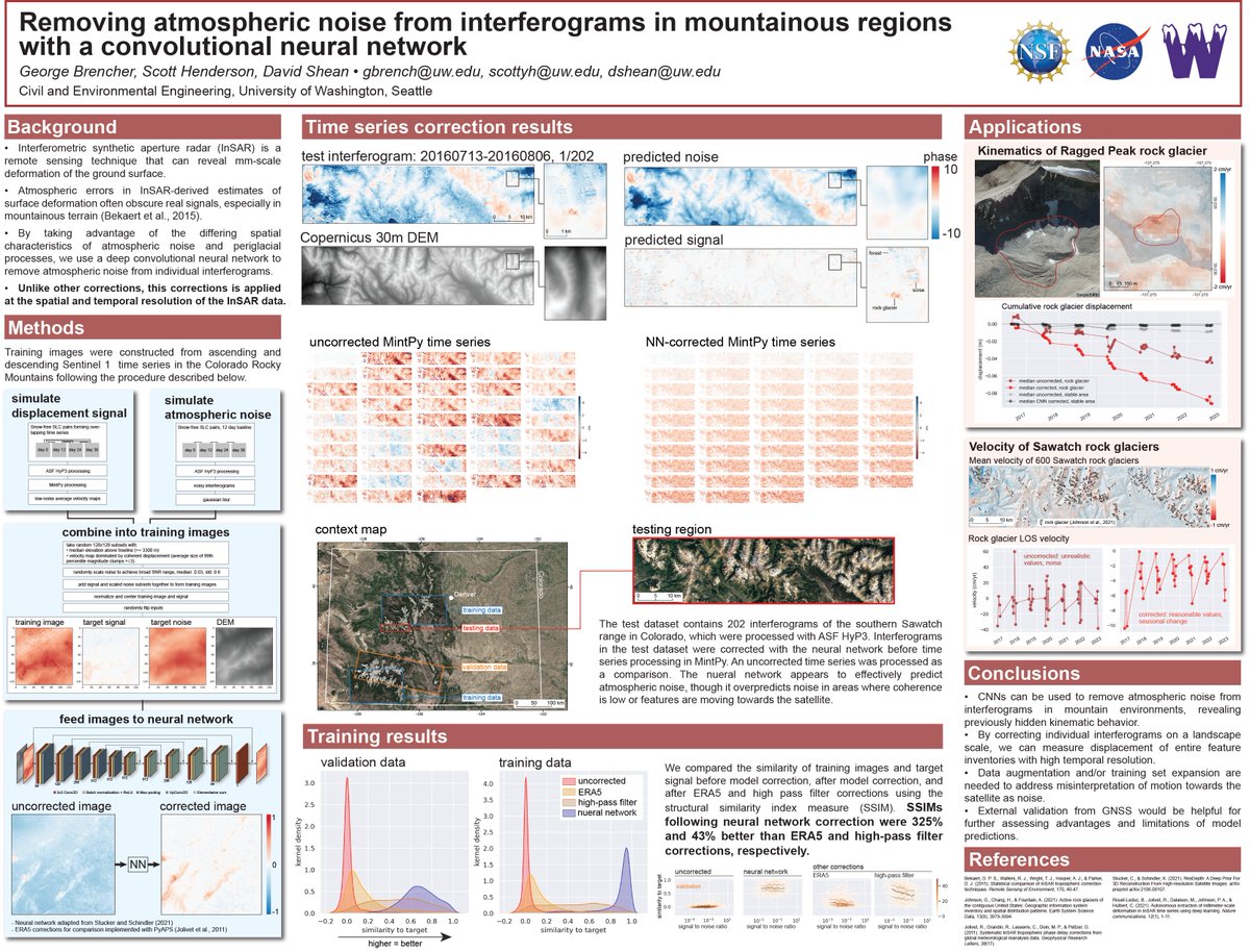Had a great time at #AGU2022! For anyone who might have missed it, or would like to take another look, here is my poster about applying a computer vision approach to remove atmospheric noise from interferograms.
