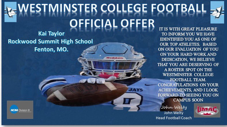 Excited to announce my 2nd official offer and to give my thanks to Coach @ekern2!
<a href="/RSHS_Football/">Summit Football</a> <a href="/WESTMOFB/">Westminster College Football</a>