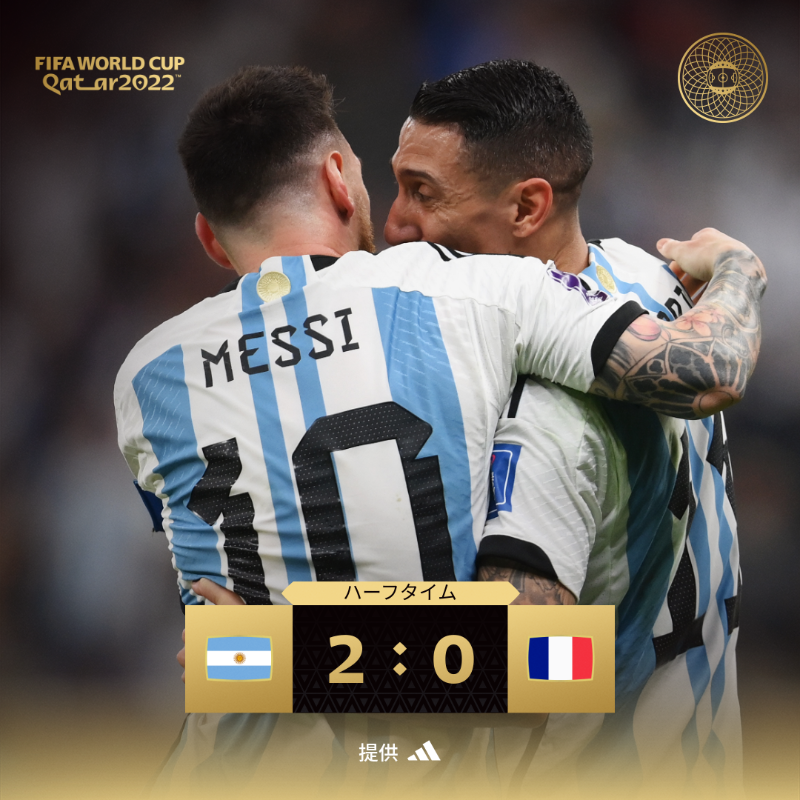 FIFAWorldCup_JP's tweet photo. ハーフタイム｜メッシ、ディ・マリアのゴールでアルゼンチンが2点のリードを奪い折り返す！🇦🇷

#Qatar2022 | #FIFAワールドカップ