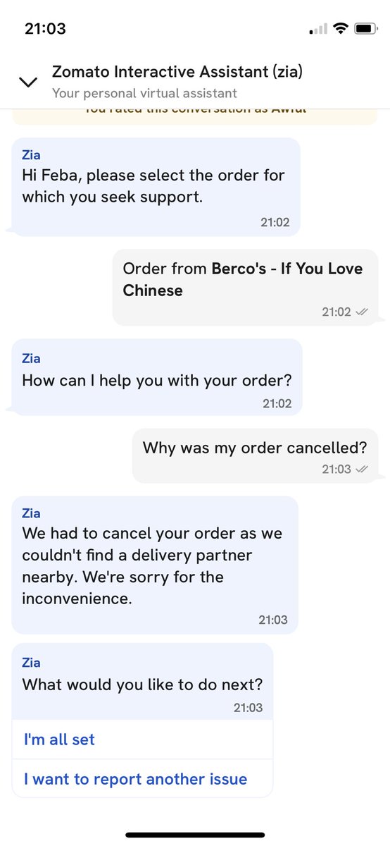 Feba_v's tweet photo. #Zomato #zomatocustomerservice terrible experience, for 1 hr it showed delayed &amp; no assistance, no one picked up calls. Just a message of canceled as UR Delivery guys are not available. On chat, there is no mention of refund or nxt steps just useless auto response, call urgently https://t.co/ilhJEZqUGu