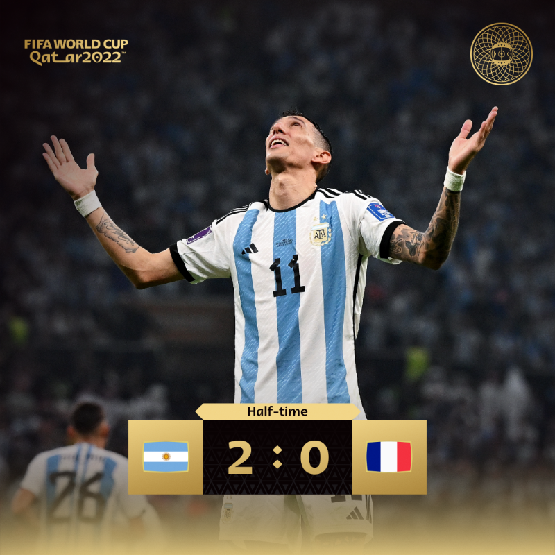 FIFAWorldCup's tweet photo. ⏸ Goals from Messi and Di Maria give Argentina a half-time lead! 

#FIFAWorldCup | #Qatar2022