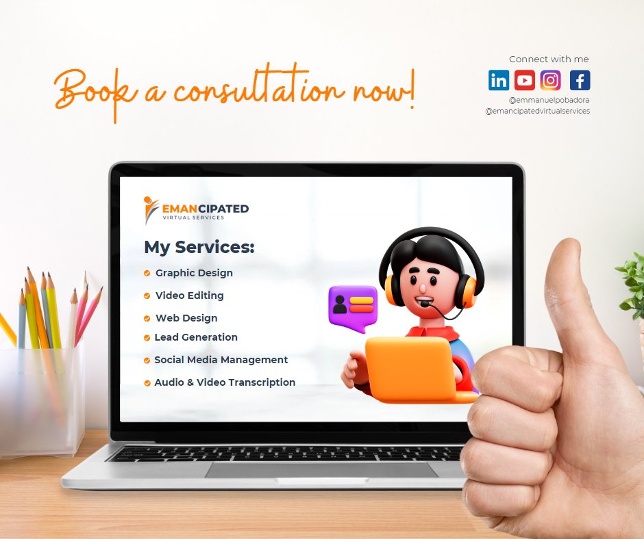 EmmanPobadora's tweet photo. Book a Consultation Now
#virtualassistant #freelancer #growyourbusiness #emancipatedvirtualservices #evs #emancipatedvirtualassistant #VAeman #yourawesomeva #filipinovirtualassistant #virtualassistantph #VAPH #VirtualAssistant #VirtualAssistantPH #GraphicDesign https://t.co/s76lo3YAQ0