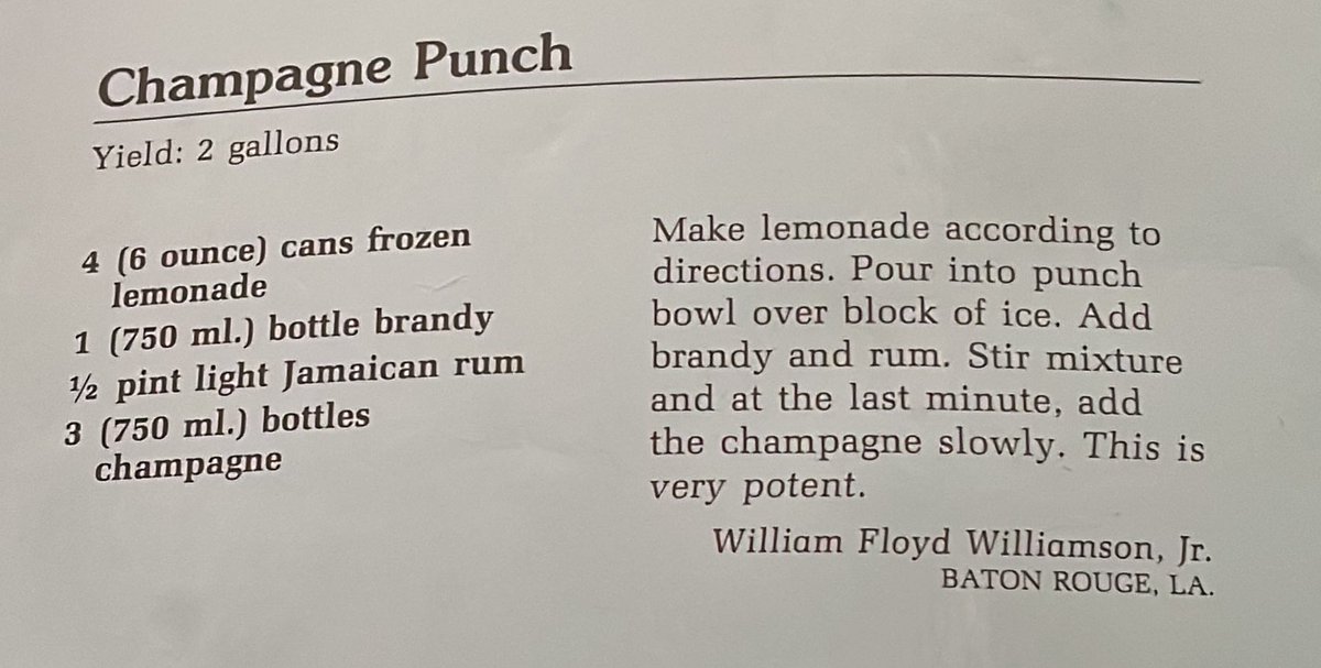 emflowers's tweet photo. My gift to y’all this year, courtesy of the best dog-eared, food-stained cookbook in my house. #juniorleaguecookbook #birmingham #magic #punch https://t.co/LZABuieNGq