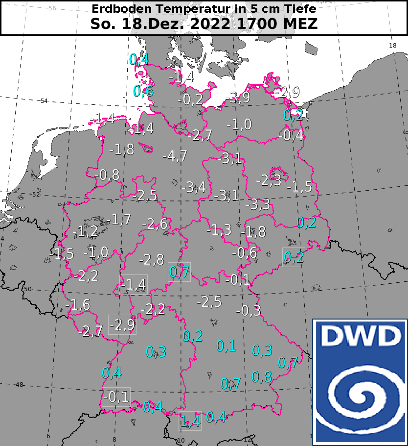 DWD_presse's tweet photo. Die gemessenen Temperaturen in 5 cm Tiefe liegen verbreitet im negativen Bereich. Gleichzeitig setzt von Westen Regen ein. Dies führt in weiten Teilen Deutschlands zu einer gefährlichen Glatteislage. Aktuelle Informationen unter https://t.co/c0actryFJD #Glatteis #Unwetter #DWD /V https://t.co/LuuU33m9Q6