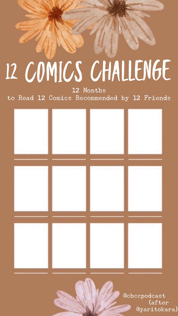 CBCCPodcast's tweet photo. Okay, friends, we’re taking that 12 Movies Challenge &amp; giving it a Comics Makeover. Feel free to steal &amp; use on your own feed.

We’ll read 12 comics from the first 12 friends to recommend us something we haven’t already read. This will be fun. https://t.co/QjxI6wqOei
