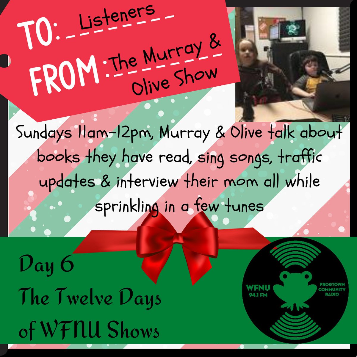 wfnuradio's tweet photo. This holiday season, we’re spotlighting 12 days of #WFNU shows!
Tune in to the Murray and Olive Show, Sundays from 11-12 am.
WFNU #radio has over 50 unique shows from music to talk. Listen on demand on our smartphone app or at https://t.co/Ic9j3GL800 https://t.co/46Q0C9zwv6