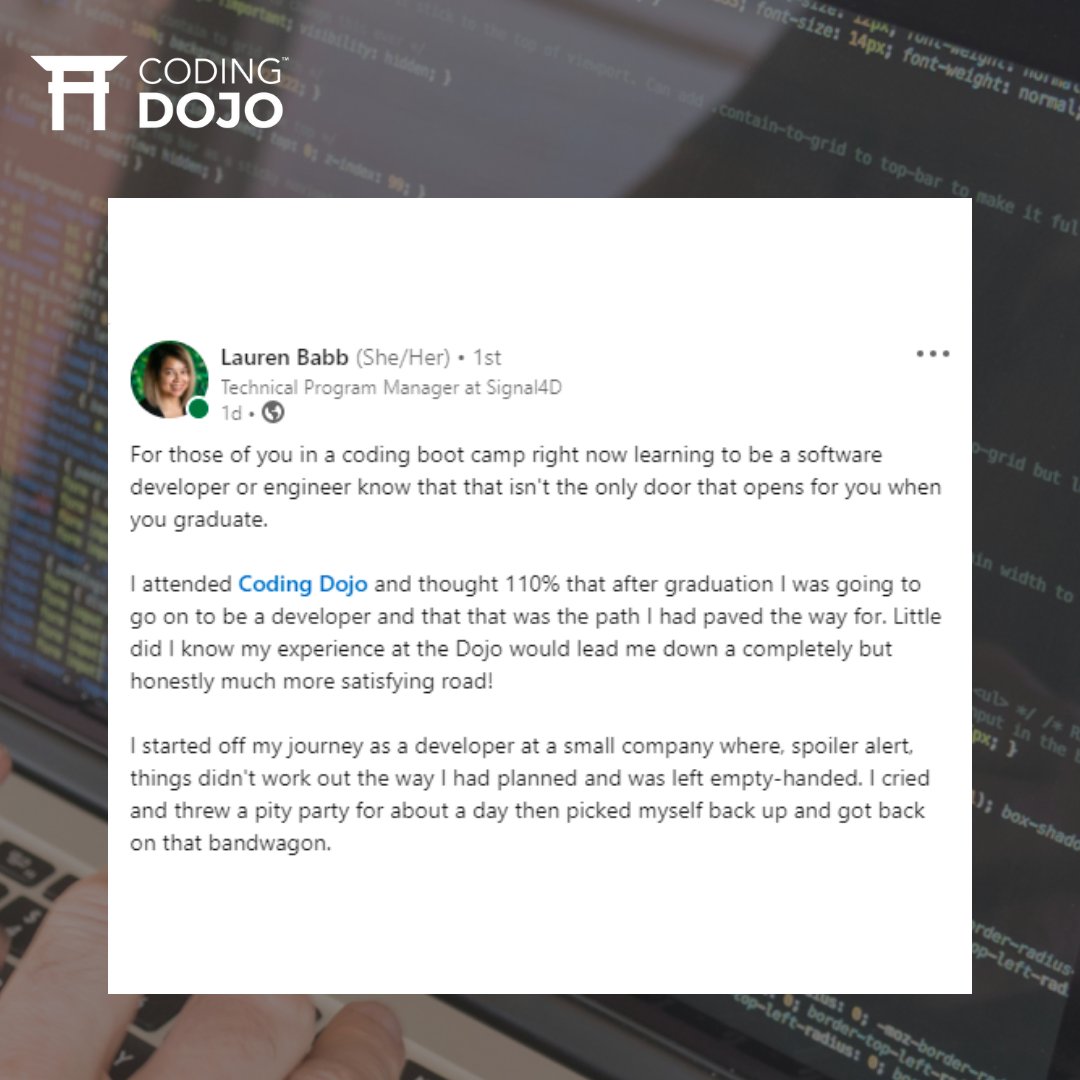 CodingDojoDotCo's tweet photo. Our recent Dojo alum, Lauren dishes out on her top tips for anyone who wants to maximize their experience inside the Dojo. 🤩 💪 #DojoSuccess https://t.co/lQjwpBj8Iv