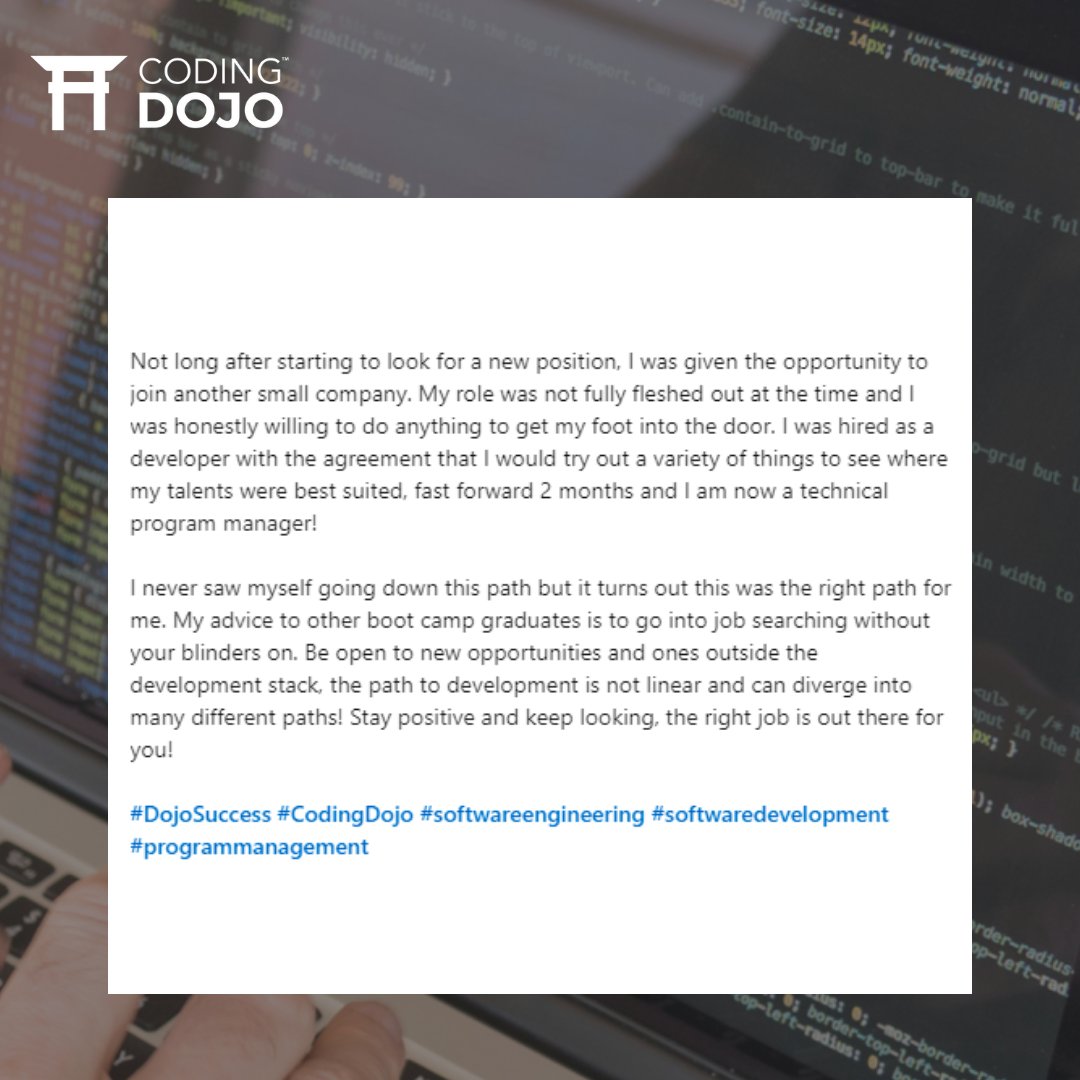 CodingDojoDotCo's tweet photo. Our recent Dojo alum, Lauren dishes out on her top tips for anyone who wants to maximize their experience inside the Dojo. 🤩 💪 #DojoSuccess https://t.co/lQjwpBj8Iv