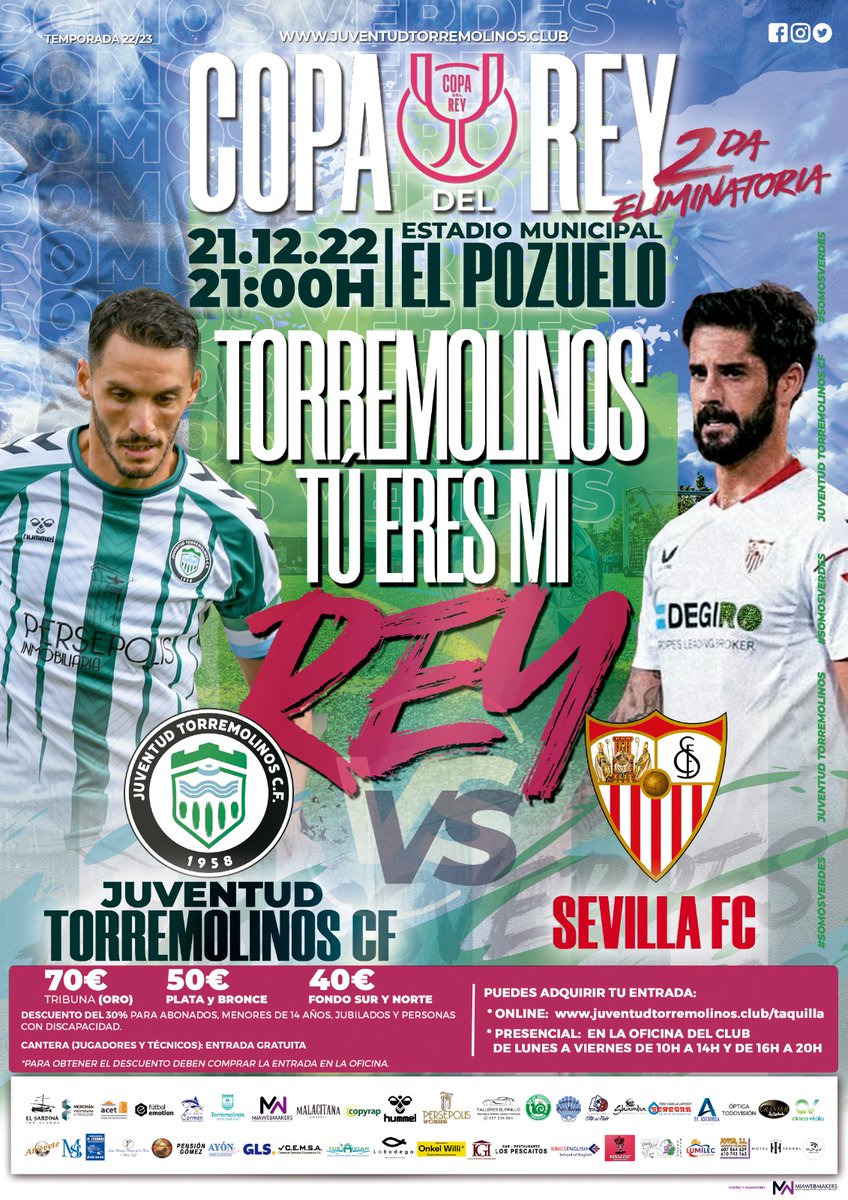 🆚️<a href="/SevillaFC/">Sevilla Fútbol Club</a>
📅 Miércoles, 21 de diciembre
⏰ 21.00h
🏟 Estadio Municipal El Pozuelo

✅Compra tu entrada:

ONLINE: juventudtorremolinoscf.newscript.es/comprar-entrad…
PRESENCIAL: en la oficina del club. De lunes a viernes de 11h a 14h y de 16h a 20h

Recuerda, el día de partido la taquilla está cerrada.