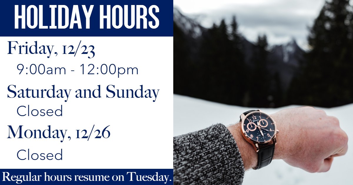 We will be closing early this Friday, and we will be closed Saturday - Monday. Our regular hours will resume on Tuesday! Thank you for your patience, and Happy Holidays! 🎄