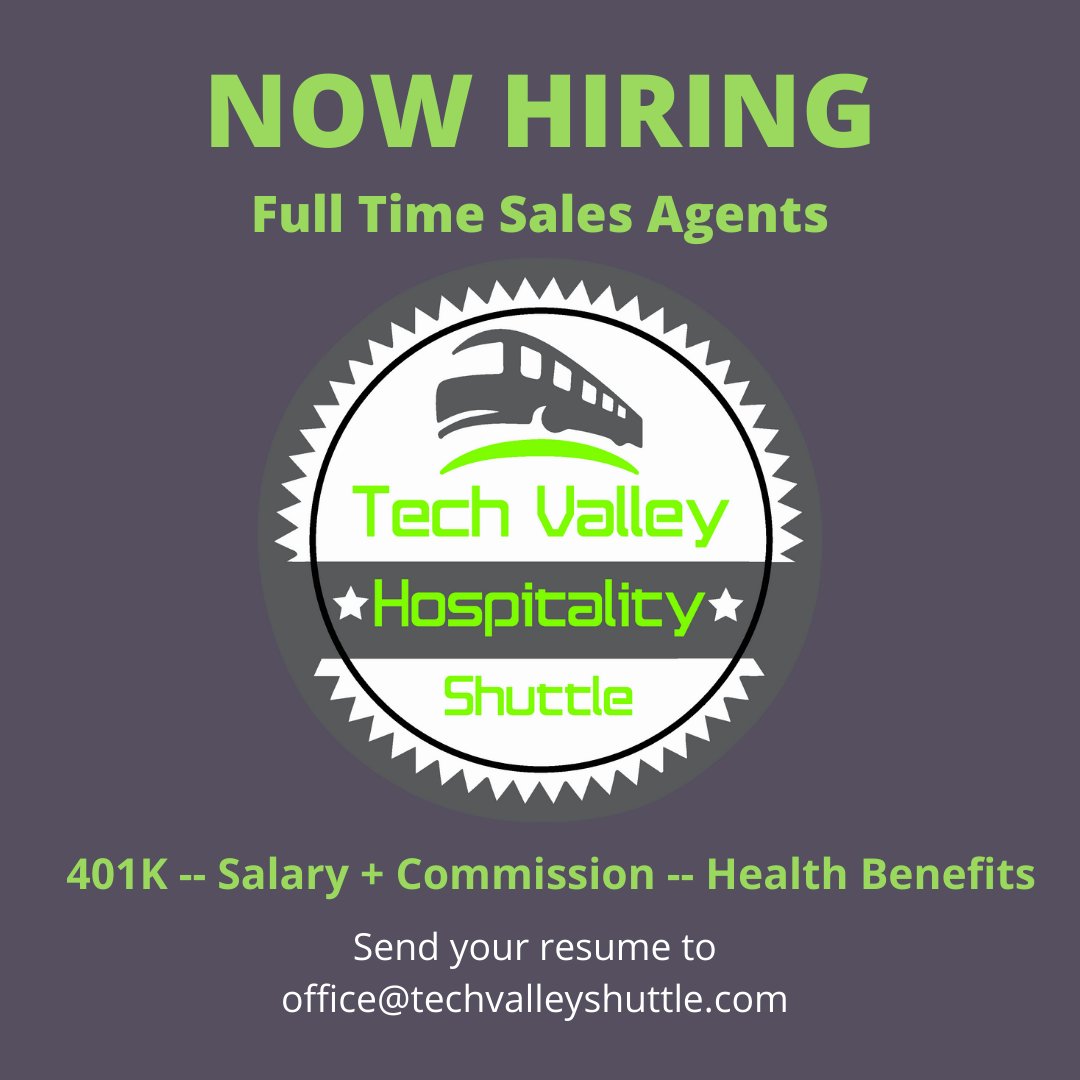 TechValeyShutle's tweet image. We are looking for talented FT Sales Agents who are driven to help others and looking to provide a positive impact to the community. #CommunityDriven #TechValleyShuttle #tvhs