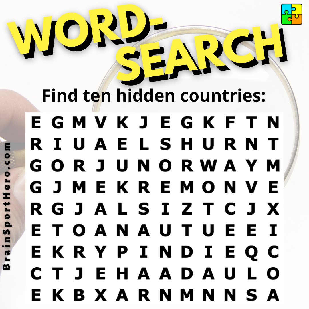 BrainSportHero's tweet photo. #wordsearch #puzzle
Find all ten hidden countries in the letter matrix.
Comment and follow.
More #brainteasers:
https://t.co/29M1jsSjzy
#braintraining #wordgame #wordgames #brainsport #memorygame #puzzle #puzzles  #brainteaser #brainteaserschallenge #braingames #brainpuzzles https://t.co/SMppBiJ7DC