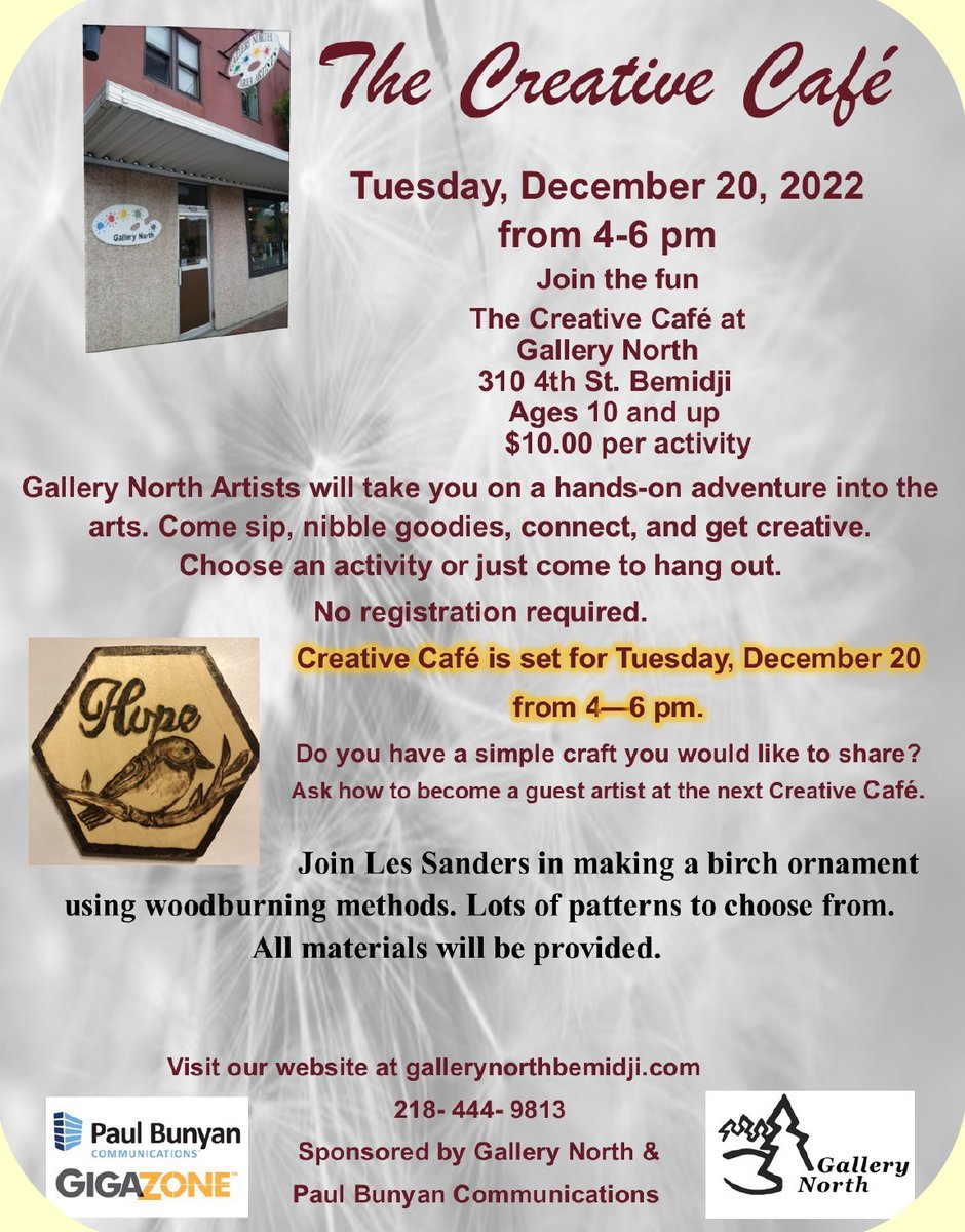 PaulBunyanComm's tweet photo. Check out the Creative Cafe sponsored by Paul Bunyan Communications at Gallery North this Tuesday from 4-6 p.m.  Learn how to make a birch ornament using woodburning methods!  No registration required, just stop in. https://t.co/CsY40XaEcm