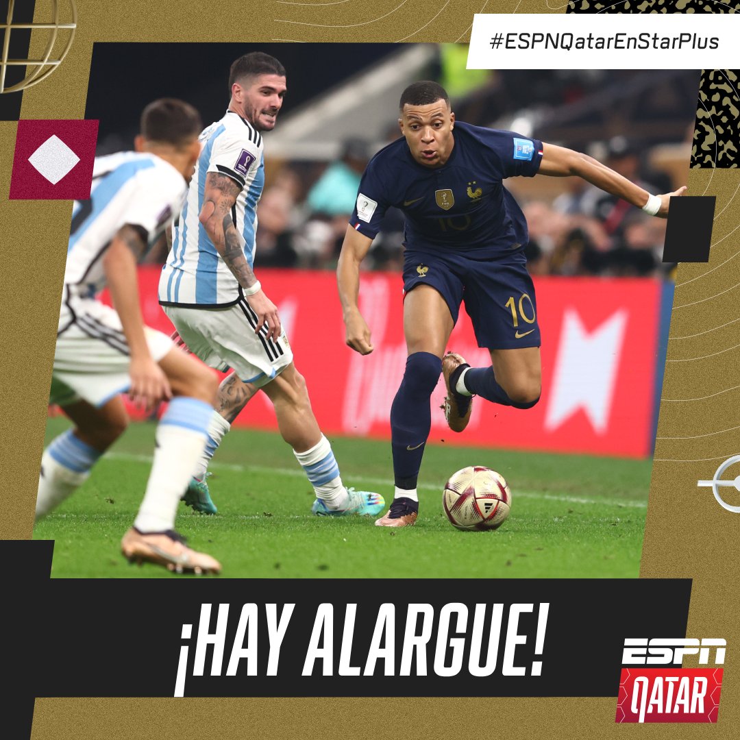 ESPNArgentina's tweet photo. ¡QUÉ FINAL ESTAMOS VIVIENDO! 

🇦🇷Argentina lo ganaba con tantos de Messi y Di María pero en el complemento apareció Kylian Mbappé con un doblete para el empate 2-2 de 🇫🇷Francia y con este resultado el partido se va al tiempo extra.

#Qatar2022 
#ESPNQatarEnStarPlus https://t.co/g3mzF5Zaf5