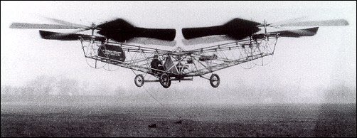 The de Bothezat helicopter, nicknamed 'The Flying Octopus' because of its four massive rotors, makes its first flight at McCook Field in Dayton, Ohio.