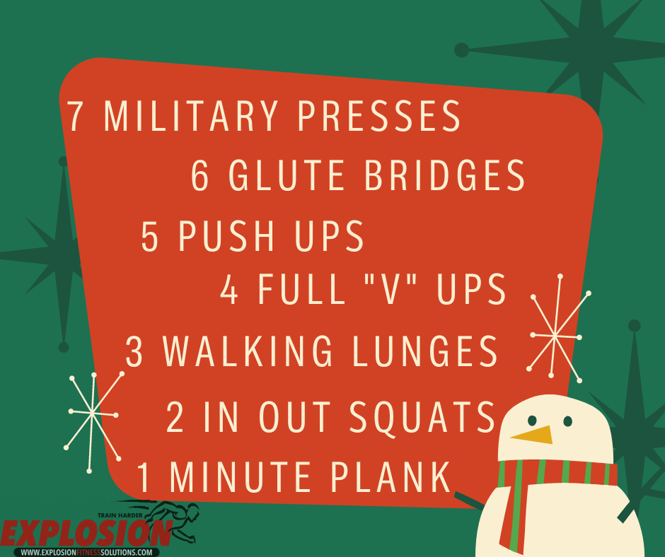 On the seventh day of Fitmas, my trainer gave to me... 7 Military Presses, 6 Glute Bridges, 5 Push Ups, 4 Full "V" Ups, 3 Walking Lunges, 2 In Out Squats and a 1 Minute Plank.
.
.
.
#fitmas #merryfitmas #teamefs #trainharder #trainsmarter #cva #whywaitforthenewyear