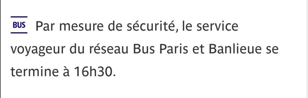 Asso_usagersidf's tweet photo. ⚠️ Tous les bus RATP sont rentrés au dépôt. Les réseaux de bus de grande couronne semblent encore fonctionner
#ARGFRA #Paris https://t.co/bkIkhHQW9M