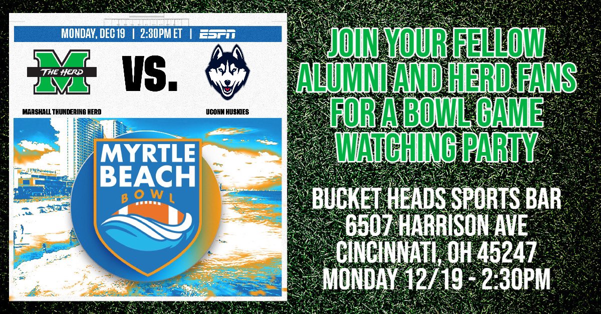 Marshall Greater Cincinnati Alumni Chapter (@cincyherd) on Twitter photo Join the <a href="/CincyHerd/">Marshall Greater Cincinnati Alumni Chapter</a> at <a href="/Bucket_Heads/">Bucket Heads</a> sport bar for the <a href="/HerdFB/">Marshall Football</a> Myrtle Beach Bowl Game. Game starts at 2:30pm! #GoHerd 🦬 🦬 🦬 🦬 🦬🦬🦬🦬🦬 Join the <a href="/CincyHerd/">Marshall Greater Cincinnati Alumni Chapter</a> at <a href="/Bucket_Heads/">Bucket Heads</a> sport bar for the <a href="/HerdFB/">Marshall Football</a> Myrtle Beach Bowl Game. Game starts at 2:30pm! #GoHerd 🦬 🦬 🦬 🦬 🦬🦬🦬🦬🦬