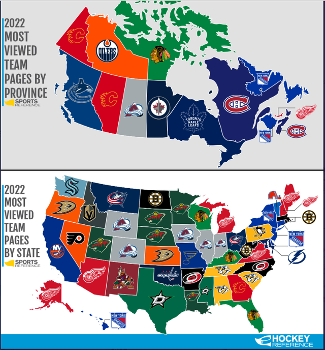 Most viewed team pages by state/province on Hockey Reference.