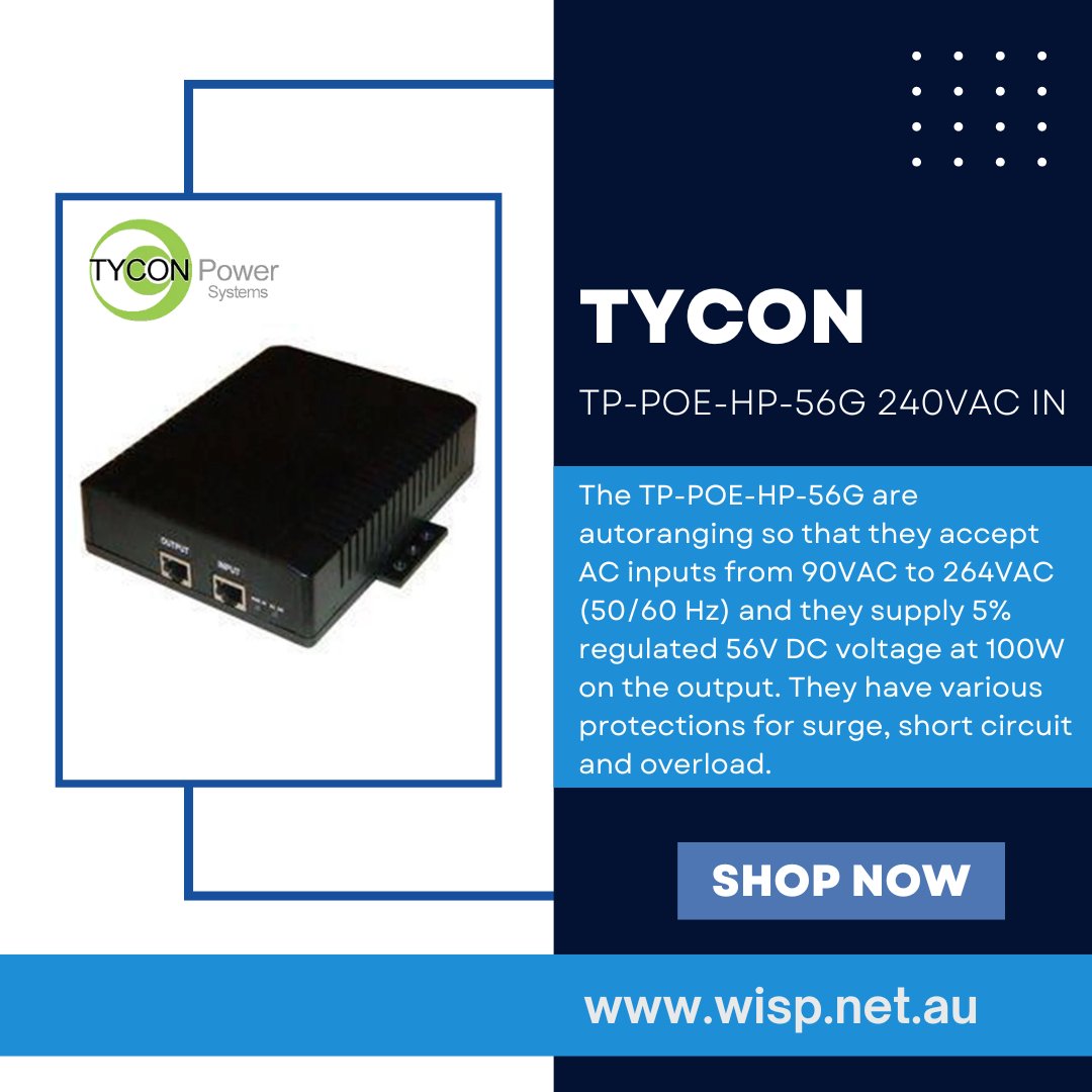 wispaustralia's tweet image. #TyconPoEInjector
Buy Tycon TP-POE-HP-56G  56V 100W High Power Gigabit Passive PoE Injector online from WISP Australia. The TP-POE-HP-56G are autoranging so that they accept AC inputs from 90VAC to 264VAC (50/60 Hz) and 

✔🛒Learn more wisp.net.au/tp-poe-hp-56g-…

#PoEInjector