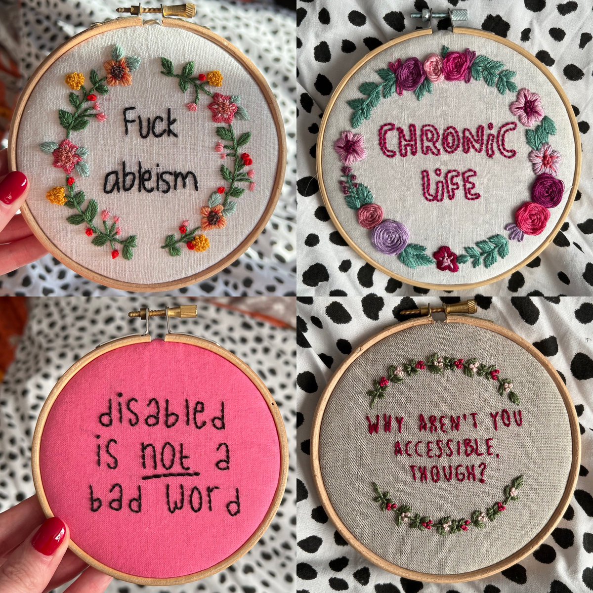 I’m selling disability embroideries, and all proceeds go towards my new powerchair that I desperately need as it is unsafe to use

You can get them from my website fromsarahlex.com/disability-emb… I ship internationally

Please RT #DisabilityTwitter #NEISVoid #DisabledCreators