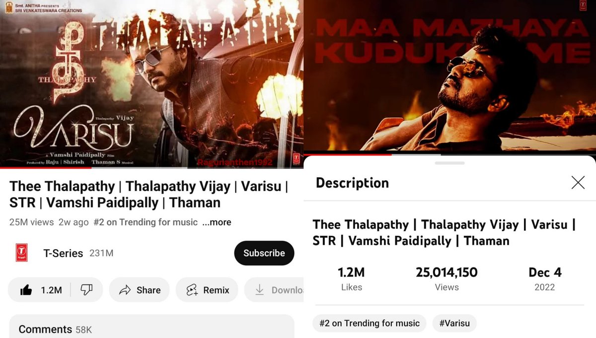 Ragunanthen1992's tweet photo. #TheeThalapathy Lyric 🔥
🔹25 M + Views in 14 + Days 
🔹 1.2 Million + Likes 
🔹#2 on Trending for Music
 - https://t.co/0mnEIIgzIF
#Varisu #2onTrending #TheeThalapathyRecords 
@actorvijay @MusicThaman  #TheeThalapathyHits25Mviews https://t.co/9aUsdwFlWP