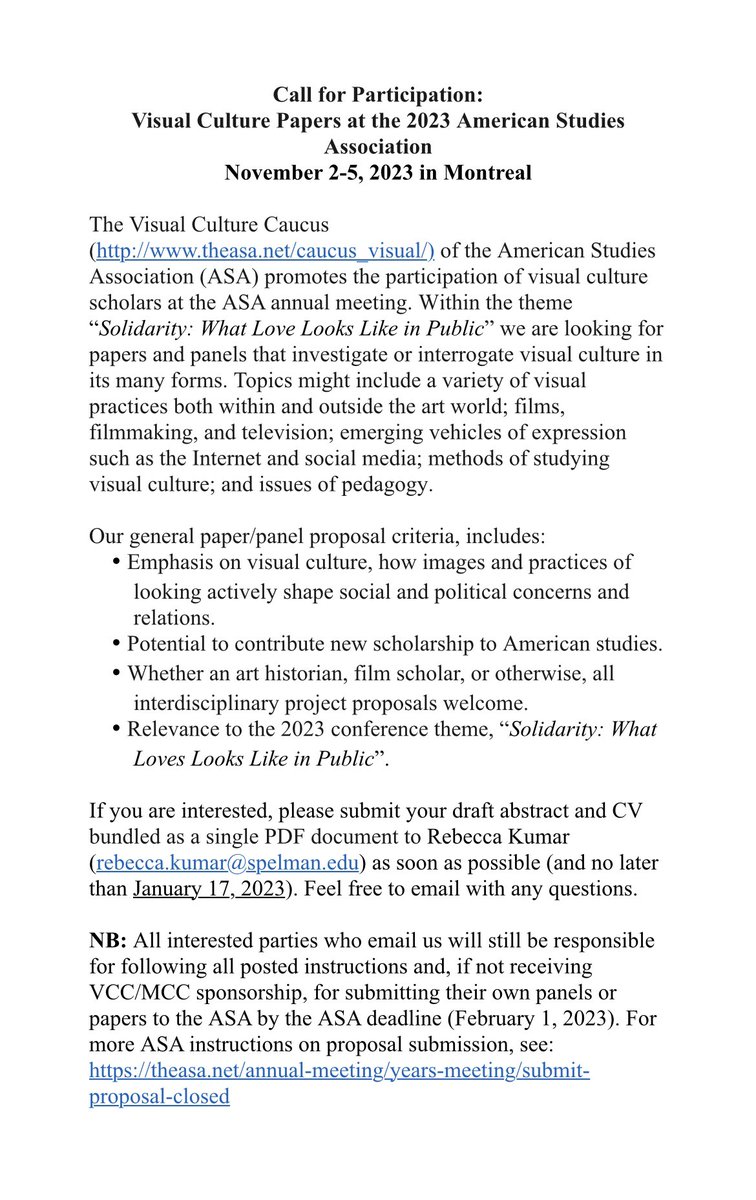 RebbieK's tweet image. Please submit #VisualCulture and #FilmStudies paper/panel proposals for ASA 2023 by Jan 16, 2023! Sponsored by the Visual Culture Caucus. #2023ASA