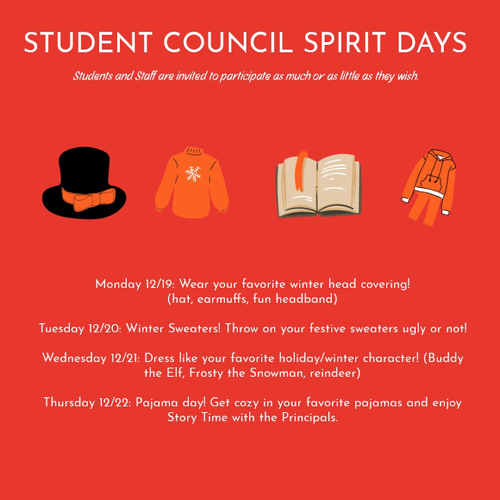 ✨Student Council Planned Spirit Days✨ START TOMORROW! ✨

To get Olive-Us in the holiday spirit, our student council planned a week full of fun! Students and Staff are invited to participate as much or as little as they wish.
#oliveowls #olivemarystitt @AHSD25Olive