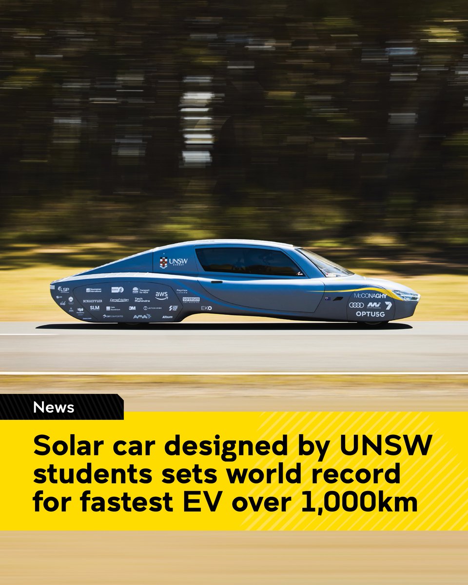 What a way to end the year! 🙌

A solar powered car designed and built by UNSW students has set a world record by travelling 1000km on a single charge in under 12 hours. ☀️🏎️

Sunswift 7 is the latest solar-powered car from UNSW, with the first being built in 1996.