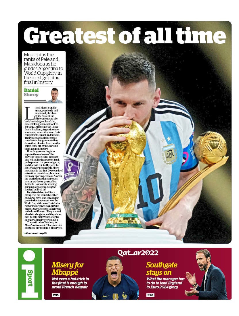 SC_ESPN's tweet photo. "EL MÁS GRANDE DE TODOS LOS TIEMPOS" El diario The Independent puso a Messi en la cima de todos.

📺 #ESPNQatarEnStarPlus https://t.co/DfXqivStuB