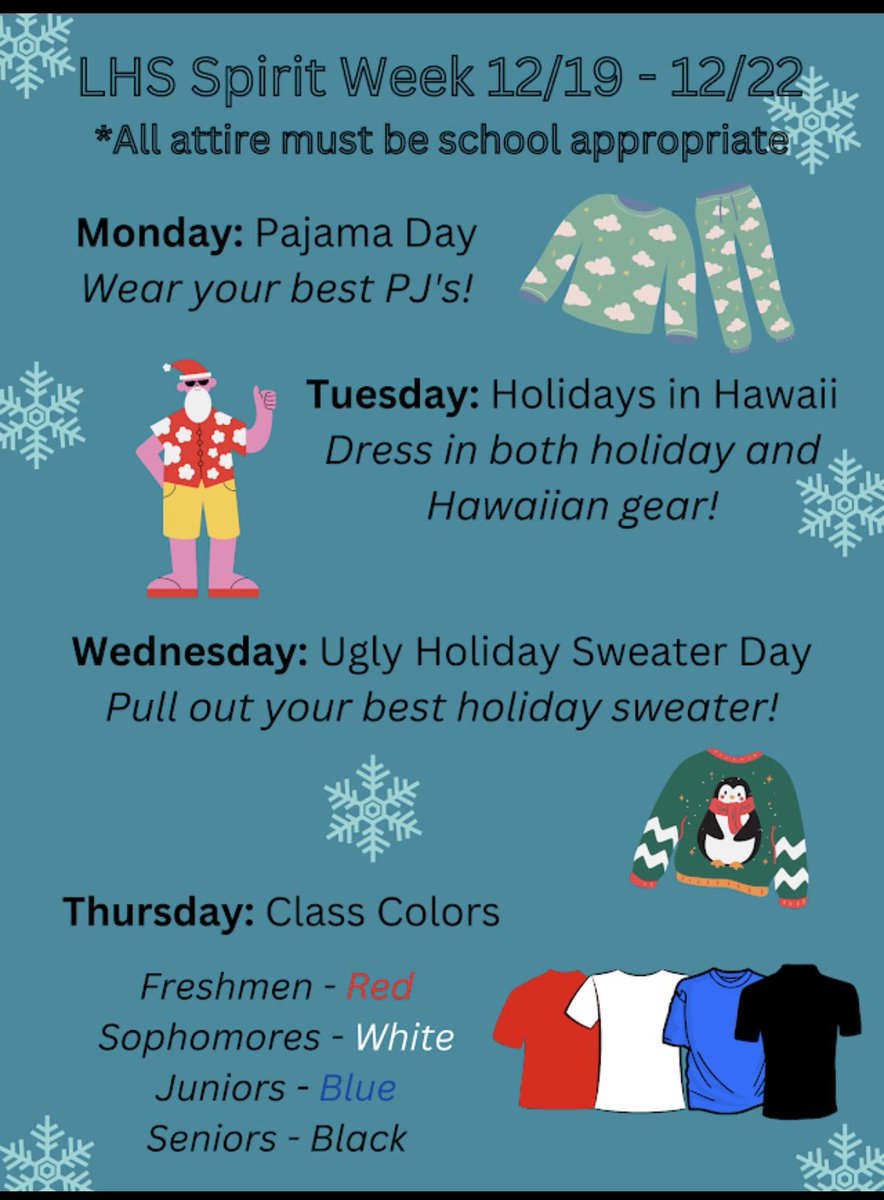 Spirit Week Is Here Lancer Nation 🎄❄️📣🎉🎅🏻 Enjoy the week and show your school spirit all week long.
