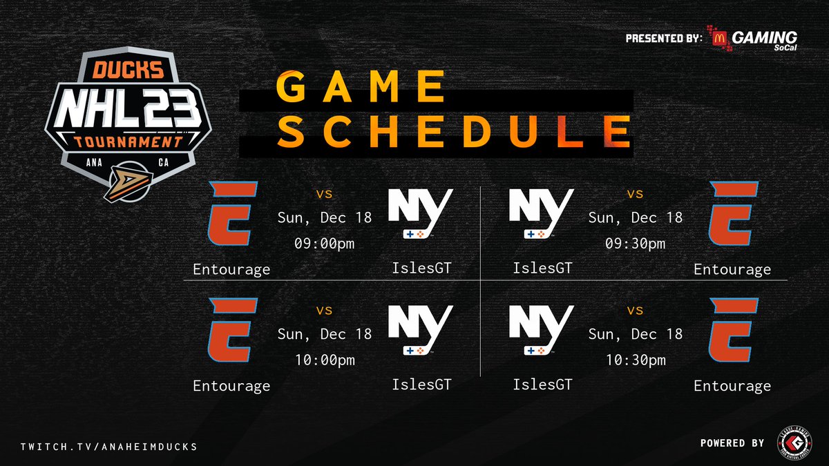 Entourage (@entouragenhl) on Twitter photo The finals of the $8,000 <a href="/NHLDucksGaming/">Anaheim Ducks Gaming</a> Launch Tournament begins tonight!👀
⏰ 9:00 P.M.
🆚 <a href="/IslesGT/">Isles Gaming Team</a>
🎥 twitch.tv/AnaheimDucks
#ENT🧡 The finals of the $8,000 <a href="/NHLDucksGaming/">Anaheim Ducks Gaming</a> Launch Tournament begins tonight!👀
⏰ 9:00 P.M.
🆚 <a href="/IslesGT/">Isles Gaming Team</a>
🎥 twitch.tv/AnaheimDucks
#ENT🧡