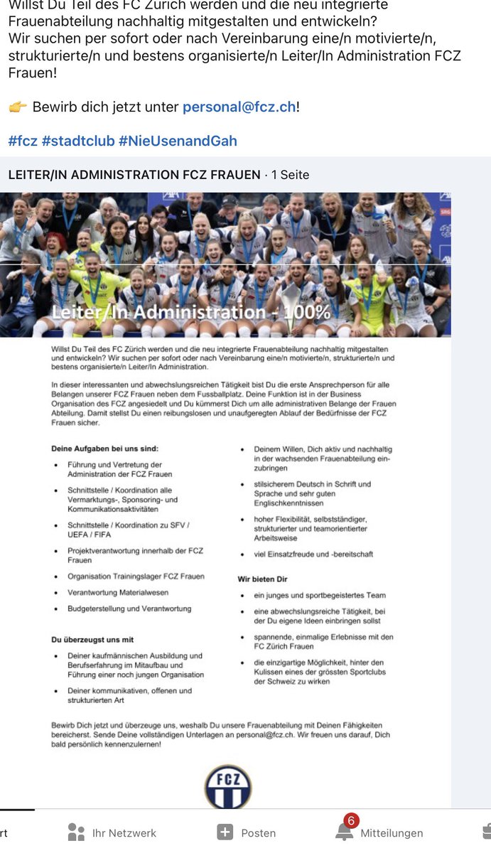 Falls jemand auf #Jobsuche ist. Hier wäre beim #FCZ eine spannende Stelle. 
#Fussball #Frauenfussball