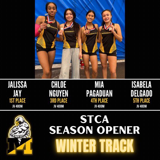 Great season opener for #MRHSTF! Medals from:

Soph. Jalissa Jay (1st) 400m
Jr. Chloe Nguyen (3rd) 400m
Frosh Mia Pagaduan (4th) 400m
Soph. Isabela Delgado (5th) 400m
