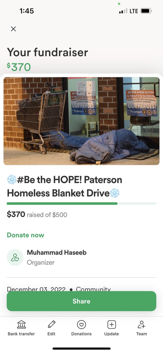 MHaseeb1321's tweet photo. I’m excited to announce that we have passed $250, thanks to the support of people like you! Let’s keep going strong and reach $500 dollars! Donate here: https://t.co/U8He19DRvk #bethehope #patersonblanketdrive https://t.co/A0Sa5p1GGm