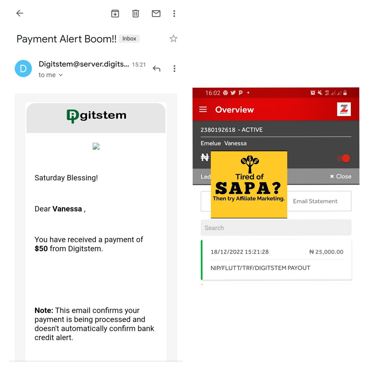 vanessa_emelue's tweet photo. Affiliate Marketing is the real deal💯

There's enough room for anyone including you, to eat big from Affiliate Marketing✅

 Today i got paid $50 from @digitstem . A business i started with just N15k is paying me weekly🤩🥳
Thanks  @Coach_Joshua1  @CoachKingLeon https://t.co/2frw3XuF6w