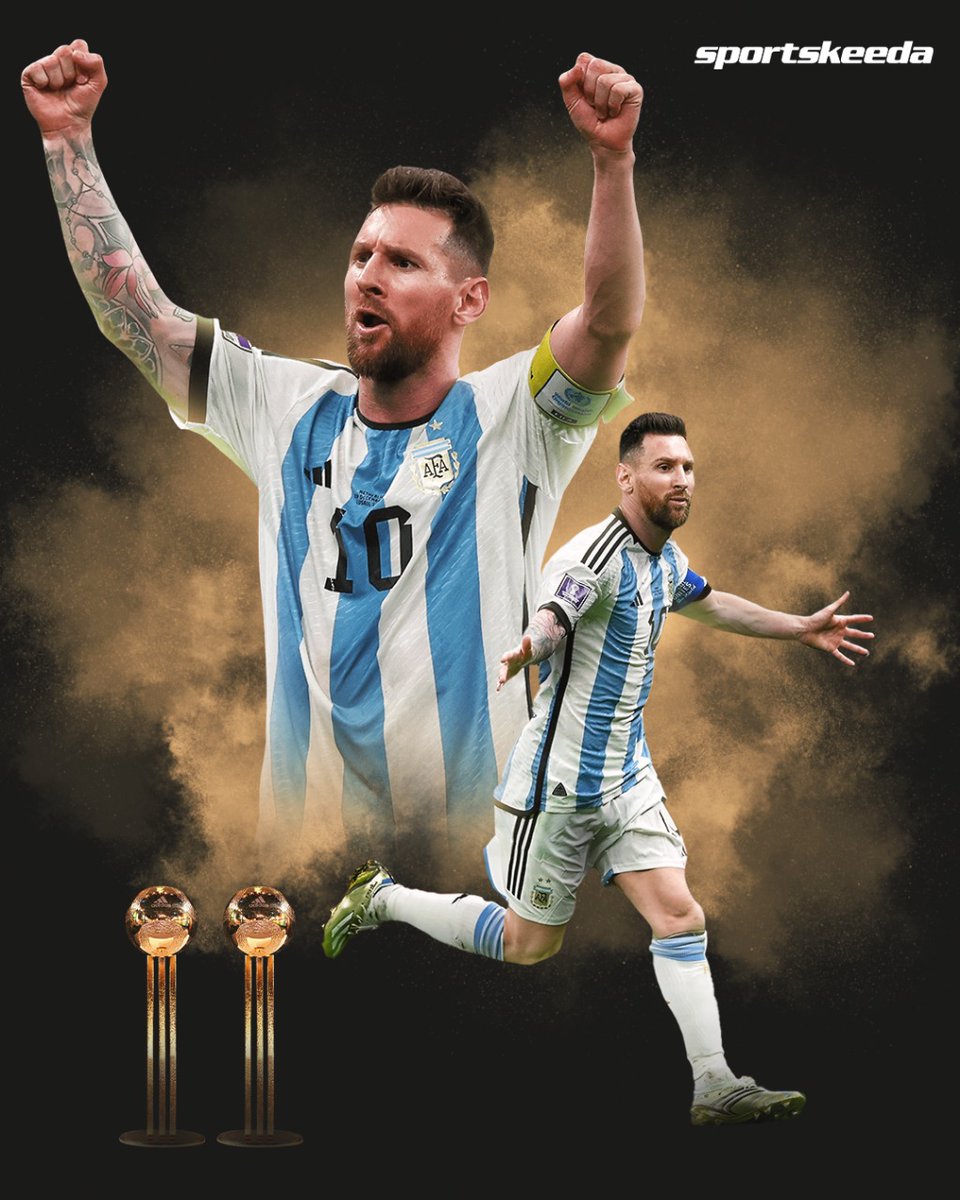 skworldfootball's tweet photo. LIONEL MESSI BECOMES THE FIRST PLAYER IN HISTORY TO WIN THE WORLD  CUP GOLDEN BALL TWICE! 🔥 

Just 🐐 things.

#LionelMessi𓃵 #Qatar2022 #FIFAWorldCup #WorldCup https://t.co/y2cRcL5BtA