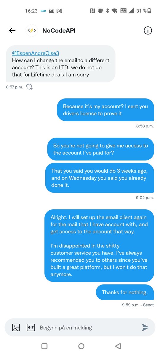 PythonPitt's tweet image. Quality support @nocodeapi 💩This is after I sent a copy of my driver's license to confirm I'm the account owner, and they said they'll fix it the next day, but since I have a lifetime account(which I bought as an early adopter to show love and support) they've stopped answering.