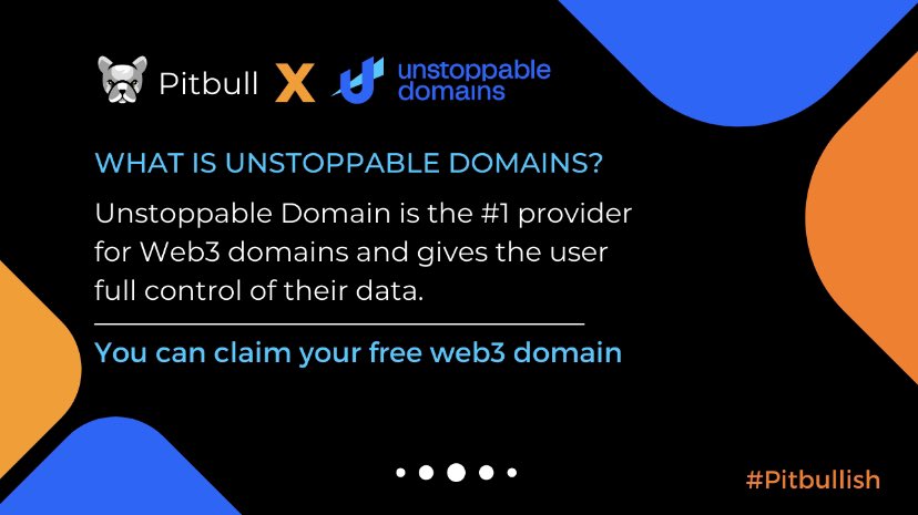 BscPitbull's tweet photo. Pitbull x Unstoppable Domains 🤝 What is @unstoppableweb? 😎

➡️ Unstoppable Domain is the #1 provider for Web3 domains and gives the user full control of their data;

Claim your free Web3 domain: 
➡️ https://t.co/QuEzE6LLBX

Let’s keep #BUIDLing together, for a stronger industry https://t.co/Rq1YjyEHVz