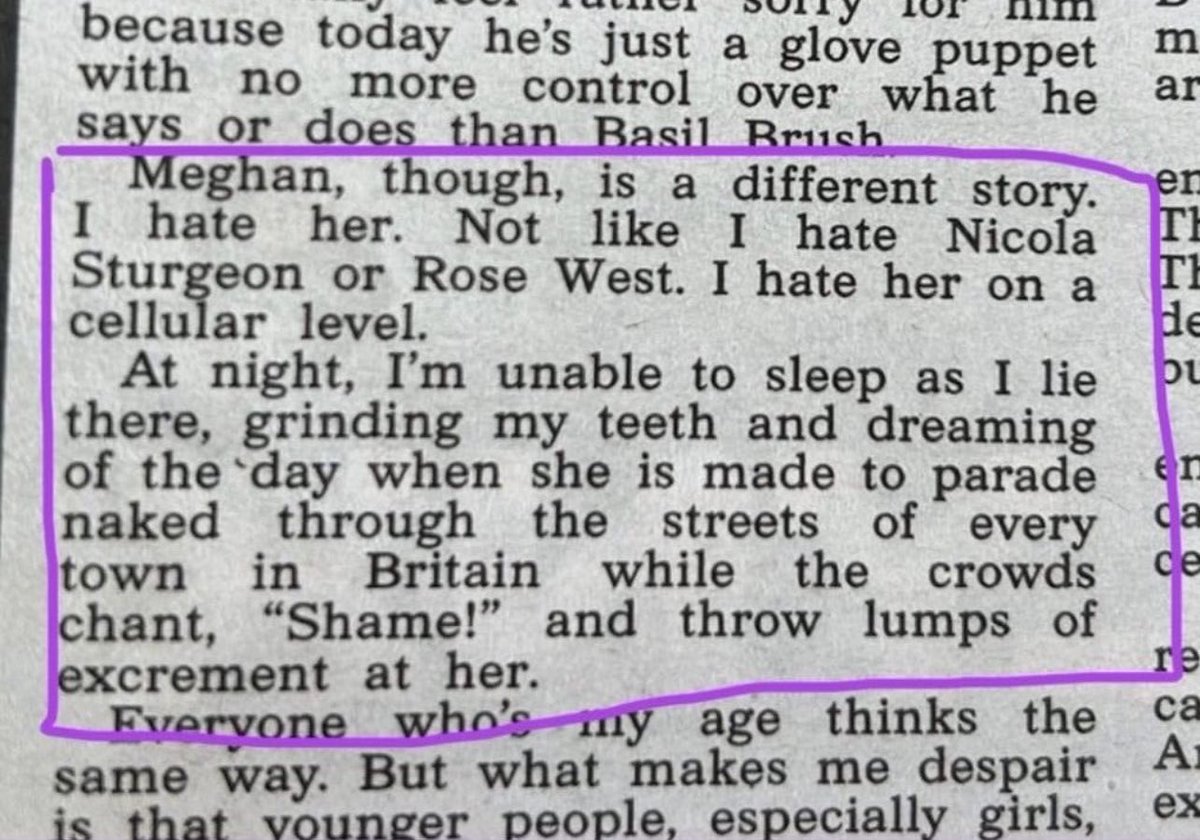 Rwlshmakeup's tweet photo. So my tweet a few days ago about people who not only dislike Meghan Markle but obsessively hate her …. This is what I obsession looks like. This horrific weird as fuck gross shit written by Jeremy Clarkson https://t.co/e46SAFK7Vn