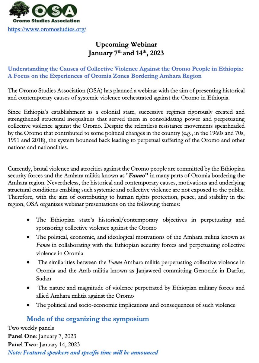 📣OSA Announcement

<a href="/OromoStudies/">Oromo Studies Association (OSA)</a> has planned a webinar series for Jan. 7 and 14, 2023, on "Understanding the Causes of Collective Violence Against the Oromo People in Ethiopia: A Focus on the Experiences of Oromia Zones Bordering Amhara Region."