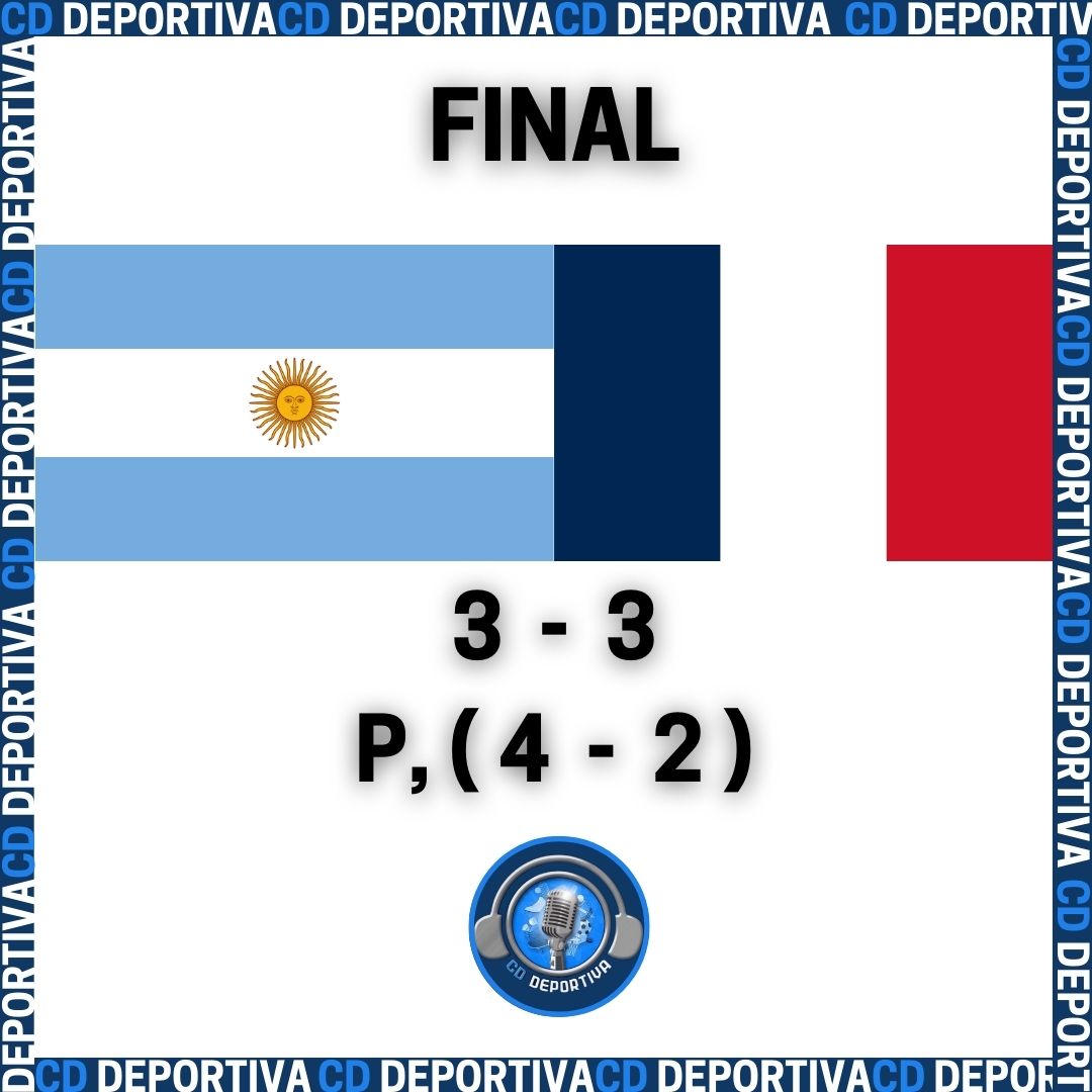 CdDeportiva's tweet photo. 🇦🇷 ¡𝗔𝗿𝗴𝗲𝗻𝘁𝗶𝗻𝗮 𝗲𝘀 𝗰𝗮𝗺𝗽𝗲𝗼́𝗻 de #Qatar2022 ! ⭐

La 'albiceleste' gana su 3era copa en penales tras sufrir en T. E. y penales vs Francia; anotaron Messi (2), di María y hat trick de Mbappé 🤯

#ElMundialPorCDDeportiva
#FIFAWorldCup https://t.co/xSpSQ2BCIn