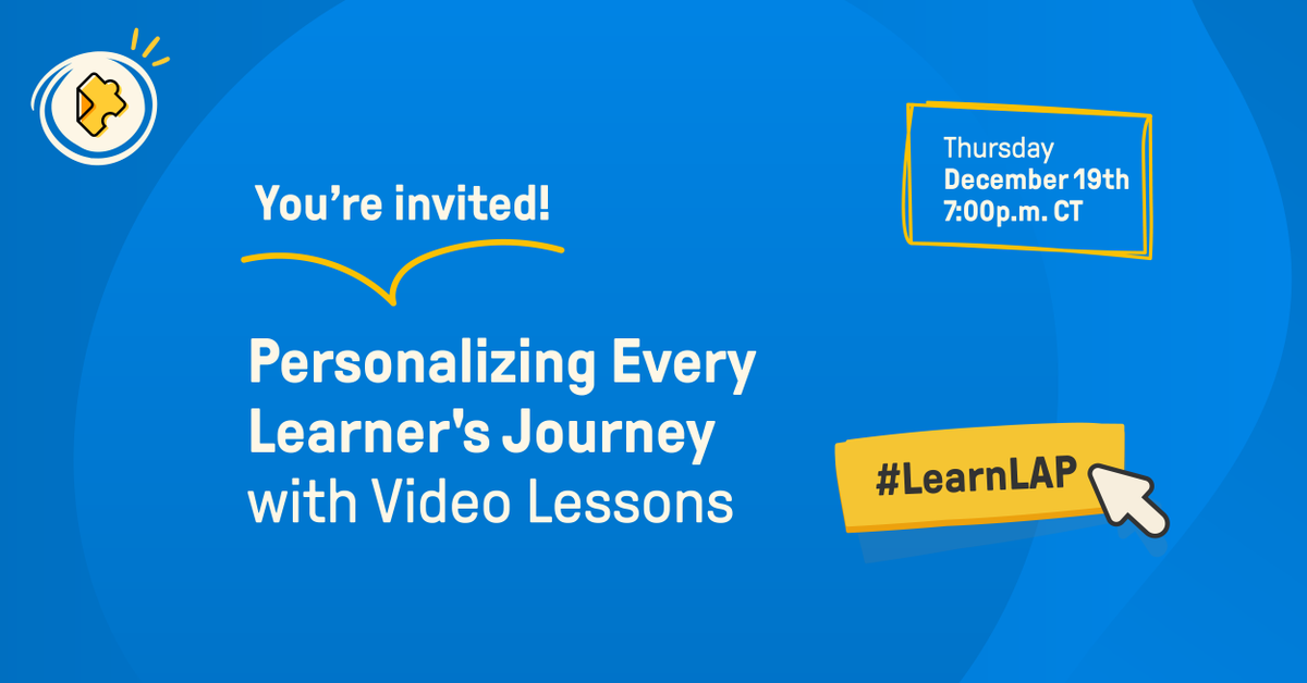 Please join @EdPuzzle MONDAY at 7pm Central for #LearnLAP!

TOPIC: 'Personalizing every learner's journey with video lessons'

#hsADchat #hsgovchat #iaedchat #mnmasa #oklaed #probchat #txeduchat #CVESDChat #EDthink #WATeachLead #bcedchat #wyoedchat #caedchat #tlap #edchat #edtech