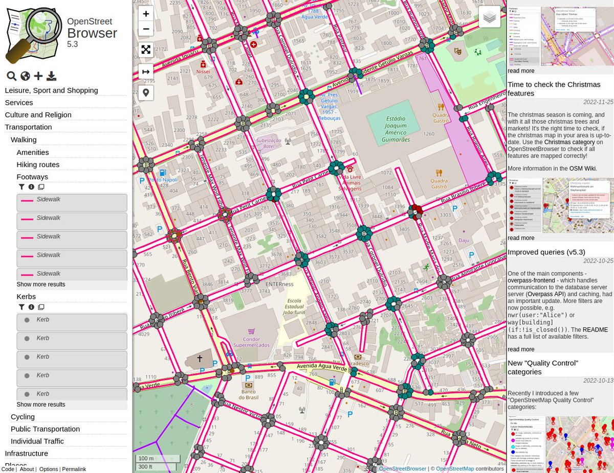 kauevestena's tweet photo. The beautiful visualization of the recently imported Sidewalks that were generated with #OSM_SidewalKreator (and carefully validated with aerial imagery) on the new category at @opstreetbrowser , thanks @weeklyOSM for the good news!! https://t.co/4B2lf2V9ag
