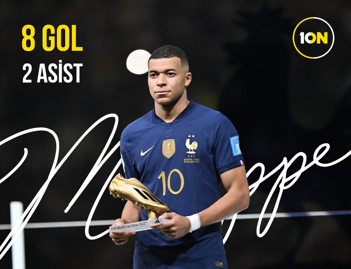 💥 İki Dünya Kupası'nda 12 gol.
💥 Finallerde en çok gol atan futbolcu. (4 Gol)
💥 8 gol ile Dünya Kupası 2022'de altın ayakkabının sahibi 👑
 
Yaş 23. Yol uzun... 

#DK2022 #10N